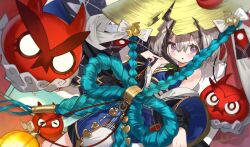 1girl 3others animal_ears bare_shoulders blue_kimono blush breasts brown_hair commentary_request front_ponytail hat highres imari_(shadowverse) japanese_clothes kebol kimono multicolored_hair multiple_others parted_lips raccoon_ears raccoon_girl rice_hat shadowverse shadowverse:_worlds_beyond short_hair small_breasts tagme two-tone_hair violet_eyes white_hair 