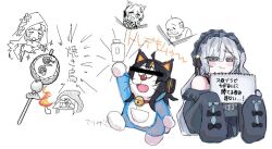  ahoge animal_ear_headphones animal_ears bare_shoulders black_hair black_ribbon blue_dress blue_hairband blush_stickers bow cat_ear_headphones cat_ears censored censored_identity closed_mouth doraemon doraemon_(character) dress dress_bow fake_animal_ears fire frilled_dress frilled_hairband frilled_sleeves frills gothic_lolita hair_over_one_eye hair_ribbon hairband headphones hikami_meruru holding holding_sketchbook kokubote829 lolita_fashion lolita_hairband long_hair long_sleeves looking_at_viewer mahou_shoujo_no_majo_saiban multicolored_hair natsume_an-an off-shoulder_dress off_shoulder one_eye_covered orange_streaks pyrokinesis ribbon sawatari_coco see-through_hair shito_alisa short_hair simple_background sketch sketchbook sleeve_bow sleeves_past_fingers sleeves_past_wrists smile streaked_hair translated violet_eyes white_background white_hair wide_sleeves 