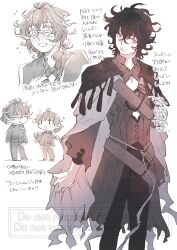  1boy 1girl ahoge belt black_hair blush cape chibi chibi_inset cloak closed_mouth clothing_cutout dante_alighieri_(fate) dante_alighieri_(second_ascension)_(fate) fate/grand_order fate_(series) flying_sweatdrops fujimaru_ritsuka_(female) glasses greyscale hair_between_eyes highres jacket long_sleeves looking_at_viewer male_focus messy_hair monochrome multiple_views neko_mori open_mouth pants shirt short_hair simple_background smile sweat tassel torn_clothes watermark white_background white_cape 