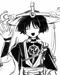  1boy arm_at_side armor black_mouth blunt_ends closed_eyes commentary_request facing_viewer false_smile furisode genshin_impact greyscale hand_up hat highres japanese_armor japanese_clothes jewelry jingasa kimono kote kxuni6 layered_sleeves male_focus mandarin_collar mitsudomoe_(shape) monochrome neck_ring o-ring open_hand open_mouth portrait rope sash scaramouche_(genshin_impact) shimenawa short_sleeves single_sode smile solo tassel tomoe_(symbol) twitter_username veil white_background wispy_bangs 