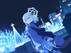  1girl animal_ears blue_archive blue_halo blue_theme blurry blush bokeh breasts building camouflage cape christmas_lights christmas_tree city cityscape closed_mouth coat cool_colors cowboy_shot depth_of_field double-parted_bangs dutch_angle fingerless_gloves flask from_behind fur-trimmed_coat fur_hat fur_trim game_asset gloves gradient_eyes gradient_halo green_hair grey_coat grey_gloves hair_between_eyes hair_ornament hairclip halo hat highres hip_flask holding holding_flask long_sleeves looking_at_viewer looking_back military_uniform mimitoke multicolored_eyes multicolored_halo night non-web_source official_art outdoors peaked_cap purple_halo ring_of_light_(blue_archive) shigure_(blue_archive) short_hair small_breasts smile solo tail two-sided_gloves ushanka violet_eyes weasel_ears weasel_girl weasel_tail white_gloves white_hair winter 
