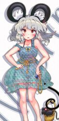  1girl animal_ear_fluff animal_ears blue_dress blush carbohydrate_(asta4282) commentary_request dress feet_out_of_frame grey_hair hand_on_own_hip highres holding holding_jewelry holding_necklace holding_with_tail jewelry looking_at_viewer medium_hair mouse_(animal) mouse_ears mouse_girl mouse_tail nazrin necklace open_mouth pendant prehensile_tail red_eyes sleeveless sleeveless_dress solo tail touhou twitter_username 