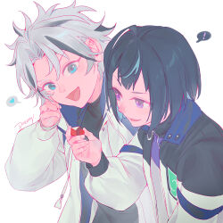 ! 2boys :d absurdres artist_name black_shirt black_streaks blue_eyes blue_hair blunt_bangs bob_cut casual center-flap_bangs collared_jacket crystal curtained_hair drawstring dreonya ensemble_stars! from_above grey_hair head_tilt heart highres holding holding_crystal jacket long_sleeves male_focus multicolored_hair multiple_boys open_clothes open_jacket parted_bangs sagiri_esu shirt short_hair simple_background smile spoken_exclamation_mark spoken_heart streaked_hair taki_ibuki turtleneck turtleneck_shirt upper_body v-shaped_eyebrows violet_eyes white_background white_jacket 