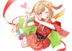  1girl absurdres animal_ears blonde_hair cho_kaguya-hime! hair_ornament heart heart_hands highres japanese_clothes kaguya_(cho_kaguya-hime!) kaguya_(tsukuyomi)_(cho_kaguya-hime!) kimono one_eye_closed sakuya_990331 simple_background smile white_background 