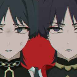  1boy 2boys anger_vein annoyed black_bodysuit black_hair blue_eyes bodysuit choppy_bangs commentary dual_persona empty_eyes eyeliner genshin_impact gold highres jewelry kanabunsuii looking_at_viewer makeup male_focus mandarin_collar multiple_boys neck_ring parted_lips portrait purple_hair red_background red_eyeliner sanpaku scaramouche_(genshin_impact) shoulder_peek solo straight-on tsurime untranslatable_commentary violet_eyes wanderer_(genshin_impact) white_mouth 