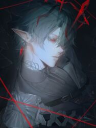  1boy arknights arknights:_endfield armor belt belt_buckle black_background black_belt black_jacket black_shirt broken_glass buckle camille_(arknights) closed_mouth commentary curtained_hair downcast_eyes earrings english_commentary glass green_hair halo highres jacket jewelry lapels long_pointy_ears male_focus multicolored_hair neck_tattoo open_clothes open_jacket parted_bangs parted_hair pauldrons piercing pointy_ears red_eyes red_halo shirt shoulder_armor single_pauldron solo spiked_halo streaked_hair sukdip tattoo upper_body zipper 