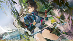  1girl absurdres arknights black_hair blue_gloves blue_jacket blue_skirt blue_vest chen_qianyu_(arknights) chinese_commentary closed_eyes commentary_request dessert dragon_girl dragon_horns dragon_tail food food_request gloves highres holding holding_skewer horns jacket long_hair lonki open_clothes open_jacket open_mouth shirt skewer skirt solo tail very_long_hair vest white_shirt 