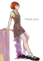  1girl black_shoes collared_shirt commentary_request danganronpa_(series) danganronpa_2:_goodbye_despair dress english_text eyelashes full_body green_dress green_eyes koizumi_mahiru necktie no_mouth pinafore_dress plaid_clothes plaid_necktie red_hair red_necktie shinshishinc shirt shoes short_hair simple_background sleeveless sleeveless_dress socks solo thank_you very_short_hair white_background white_shirt white_socks 
