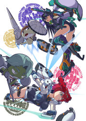  2boys 2girls amate_yuzuriha aqua_eyes armor beard black_hair bodysuit breasts brown_hair challia_bull commentary_request company_connection energy_gun energy_sword facial_hair frog_boy full_body gfred gquuuuuux green_eyes green_hair gun gundam gundam_gquuuuuux gyan_(gquuuuuux) headgear highres holding holding_gun holding_polearm holding_weapon jetpack keroro_gunsou lance laser_rifle long_hair looking_at_viewer mecha mecha_musume mechanical_arms mechanical_legs mechanical_wings moke_ro mole mole_under_mouth multiple_boys multiple_girls mustache nyaan_(gundam_gquuuuuux) open_mouth polearm red_hair robot science_fiction shield short_hair sunrise_(company) sword thrusters v-fin weapon wings xavier_olivette yellow_eyes zeon 