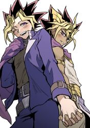  2boys armlet atem back-to-back belt black_hair blonde_hair blue_jacket cape cape_grab clothes_grab commentary_request dark-skinned_male dark_skin highres holding_hands interlocked_fingers jacket jewelry korean_commentary losloslaus male_focus multicolored_hair multiple_belts multiple_boys muto_yugi one_eye_closed open_mouth pink_eyes pink_hair purple_cape smile violet_eyes yu-gi-oh! yu-gi-oh!_duel_monsters 