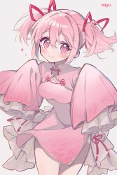  1girl absurdres artist_name blush china_dress chinese_clothes commentary dress english_commentary grey_background hair_ribbon highres kaname_madoka looking_at_viewer mahou_shoujo_madoka_magica mitsureki_meyli pink_dress pink_eyes pink_hair red_ribbon ribbon short_hair sleeves_past_fingers sleeves_past_wrists smile solo sparkle twintails 