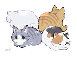  animal_focus calico_(pattern) calico_cat cat cat_loaf closed_eyes dot_nose grey_cat hoshikuzu_pan looking_to_the_side multicolored_cat no_humans orange_cat original sideways_glance signature simple_background sitting striped_fur tabby_cat white_background white_cat 