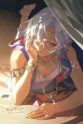  1boy absurdres arknights barefoot blue_hair bracelet chinese_commentary circlet closed_mouth commentary_request curtains dl_fengyu eyeliner feet_up gold_bracelet hand_on_own_cheek hand_on_own_face head_rest highres indoors jewelry legs_up light_particles looking_at_viewer lying makeup male_focus multiple_bracelets necklace on_bed on_stomach pointy_ears red_eyeliner sand_reckoner_(arknights) sand_reckoner_(horus'_rest)_(arknights) signature solo the_pose yellow_eyes 
