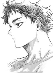  1boy akaashi_keiji bayg_hkos closed_mouth commentary_request frown greyscale haikyuu!! highres male_focus monochrome portrait profile sanpaku shirt short_hair simple_background sketch solo very_short_hair white_background 