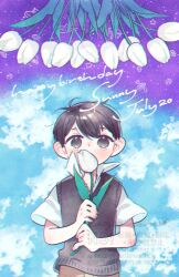  1boy antenna_hair black_eyes black_hair black_sweater_vest character_name collared_shirt commentary dated double-parted_bangs flower hair_between_eyes happy_birthday holding holding_flower male_focus mitsubachi_koucha omori shirt short_hair short_sleeves solo sunny_(omori) sweater_vest tulip untranslatable_commentary upper_body white_flower white_shirt white_tulip 