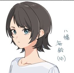  1girl aged_down bang_dream! bang_dream!_it's_mygo!!!!! black_hair blue_eyes closed_mouth commentary_request nanami_(nunnun_0410) open_mouth portrait shirt short_hair simple_background translation_request white_background white_shirt yahata_umiri 