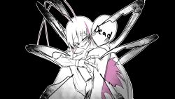  1girl 1other absurdres akukan arthropod_girl arthropod_limbs black_background blush english_text highres hug indie_virtual_youtuber long_hair looking_at_another matara_kan matara_kan_(1st_costume) multicolored_hair open_mouth pink_streaks smile streaked_hair tagme upper_body white_hair 