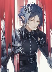  1boy absurdres arknights armor belt black_shirt blue_hair chain closed_mouth earrings grey_eyes hair_ornament highres jewelry looking_at_viewer male_focus pauldrons pointy_ears shirt short_hair shoulder_armor solo upper_body xxhrtk zuo_le_(arknights) 