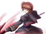  blue_eyes brown_hair dress fingerless_gloves gloves luciferion lyrical_nanoha magical_girl mahou_shoujo_lyrical_nanoha mahou_shoujo_lyrical_nanoha_a&#039;s mahou_shoujo_lyrical_nanoha_a&#039;s_portable:_the_battle_of_aces mahou_shoujo_lyrical_nanoha_a's mahou_shoujo_lyrical_nanoha_a's_portable:_the_battle_of_aces material-s open_mouth puffy_sleeves short_hair staff 