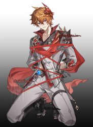  1boy armor artist_name bdsm blue_eyes bondage bound bound_arms chinese_commentary collarbone collared_jacket commission curly_hair earrings full_body genshin_impact gradient_background grey_background grey_pants hair_between_eyes head_tilt high_collar highres jacket jewelry kneeling looking_at_viewer mask mask_on_head on_ground orange_hair pants parted_lips red_ribbon red_scarf restrained ribbon scarf shade shoulder_armor single_earring solo suit tartaglia_(genshin_impact) vision_(genshin_impact) yanan882 