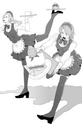  2girls alternate_costume apron balancing bow cake cake_slice commentary_request cup food fruit hair_over_one_eye high_heels highres holding kicking maid maid_headdress mii_(nintendo) mii_gunner multiple_girls open_mouth pastry ponytail short_hair skirt standing standing_on_one_leg strawberry super_smash_bros. thigh-highs tray tripping tsujii_luki vest waitress wii_fit wii_fit_trainer_(female) 