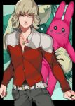  2boys barnaby_brooks_jr blonde_hair brown_hair facial_hair glasses green_eyes highres jacket kaburagi_t_kotetsu kamitoenpitu multiple_boys necktie red_jacket solo stubble stuffed_animal stuffed_bunny stuffed_toy tiger_&amp;_bunny vest waistcoat watch wristwatch 