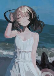  1girl absurdres bare_shoulders black_tail blonde_hair brown_hair closed_eyes commentary dress gigi_murin highres hololive hololive_english multicolored_hair naokomama short_hair short_twintails sleeveless sleeveless_dress smile solo tail twintails two-tone_hair untranslatable_commentary virtual_youtuber water white_dress 