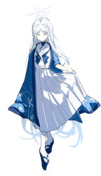  1girl absurdres blue_archive blue_haori closed_mouth colored_eyelashes commentary full_body hair_ornament halo haori haori_on_shoulders highres holding_own_skirt japanese_clothes long_hair long_skirt looking_at_viewer nagusa_(blue_archive) okobo platform_sandals sandals school_uniform serafuku shanqianqian_377 simple_background skirt snowflake_hair_ornament snowflake_halo solo white_background white_eyelashes white_eyes white_hair white_halo white_serafuku 