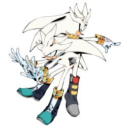  1boy 2boys animal_ears animal_nose body_fur boots bracelet closed_mouth diamondx1704 dual_persona full_body furry furry_male gloves gold_bracelet green_eyes hedgehog highres jewelry long_hair looking_to_the_side male_focus multiple_boys open_mouth pointing prototype_design silver_the_hedgehog silver_the_hedgehog_(beta_design) simple_background sonic_(series) standing tail white_background white_fur white_gloves yellow_eyes 