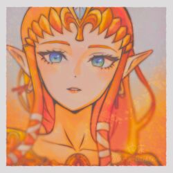  1girl armor blonde_hair blue_eyes border commentary_request crown earrings gold_armor grey_border hair_ribbon jewelry light_blush long_hair looking_at_viewer parted_lips pointy_ears princess_zelda ribbon shoulder_armor sidelocks solo the_legend_of_zelda the_legend_of_zelda:_twilight_princess twitter_username upper_body white_ribbon yama_giragira 