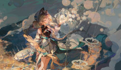  1girl absurdres animal_ears aphrissa_(arknights) arknights atom black_boots black_dress boots braid breasts brown_hair building cat_ears cat_girl cat_tail clouds cross-section crow_yayu desert detached_sleeves dress faux_figurine floating_city hand_up highres holding isometric long_hair long_sleeves miniature mountain outdoors power_lines river science_fiction small_breasts smoke solo standing tail transmission_tower tree very_long_hair village water white_hair white_sleeves wide_shot yellow_eyes 