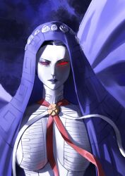  1girl absurdres black_hair black_lips blue_veil breasts closed_mouth colored_sclera colored_skin commentary english_commentary highres large_breasts looking_at_viewer red_eyes red_sclera shin_megami_tensei shin_megami_tensei_v shou_illust solo sophia_(megami_tensei) straight-on veil white_skin 
