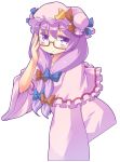  adjusting_glasses bespectacled blush chacha_(tyatya) colored_eyelashes glasses hat looking_at_viewer patchouli_knowledge purple_eyes purple_hair red-framed_glasses semi-rimless_glasses short_hair simple_background solo touhou under-rim_glasses violet_eyes white_background 