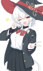  13nonaigdaz 1girl :d ;d black_hat black_skirt blue_archive bow bowtie braid breasts commentary_request diagonal-striped_bow diagonal-striped_bowtie diagonal-striped_clothes double_v eri_(blue_archive) halo hat highres jewelry large_breasts long_hair long_sleeves looking_at_viewer multiple_rings one_eye_closed open_mouth orange_eyes pleated_skirt red_bow red_bowtie ring shirt shirt_tucked_in side_halo skirt smile solo striped_bow striped_bowtie striped_clothes tilted_halo unbuttoned_jacket v very_long_hair white_shirt wink_star witch_hat yellow_halo 