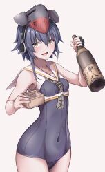  absurdres blue_one-piece_swimsuit bottle breasts commentary_request covered_navel cowboy_shot fingerless_gloves gloves headgear headphones heterochromia highres i-14_(kancolle) kantai_collection masu one-piece_swimsuit onozuka_yuruo open_mouth sake_bottle school_swimsuit school_uniform serafuku short_hair simple_background small_breasts smile swimsuit tongue white_serafuku yellow_eyes 