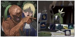 1girl 2boys absurdres animal armor blonde_hair blue_eyes cat chair commentary_request d: dark-skinned_male dark_skin dragoarcobaleno duchess_(elden_ring) elden_ring elden_ring_nightreign executor_(elden_ring) eye_mask gauntlets gold_armor highres ironeye_(elden_ring) katana mask meme multiple_boys sword table teeth tongue weapon woman_yelling_at_cat_(meme) wylder_(elden_ring) 