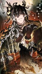  absurdres arknights bandaged_neck bandages black_bandages black_hair board_game chongyue_(arknights) colored_extremities dragon_boy dragon_horns dragon_tail dusk_(arknights) eastern_dragon_horns eastern_dragon_tail fur-tipped_tail go_(board_game) go_stone grey_eyes highres holding_go_stone horns jewelry ling_(arknights) looking_down male_focus multiple_rings nian_(arknights) ring silhouette sui_(arknights) tail thick_tail very_long_tail wang_(arknights) white_hair x_(comira) yellow_eyes yu_(arknights) 