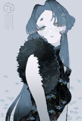  1girl black_dress blue_hair closed_mouth dress floral_print floral_print_dress fur-trimmed_dress fur_trim green_eyes half-closed_eyes highres long_hair looking_to_the_side original pale_skin parted_bangs print_dress sleeveless sleeveless_dress solo tanzawawa upper_body 