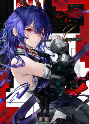  1girl absurdres arknights bare_shoulders black_background black_shirt blue_hair ch'en_(arknights) ch'en_the_dawnstreak_(arknights) chi_xiao_(arknights) chinese_commentary closed_mouth commentary_request cowboy_shot detached_sleeves dragon_girl dragon_horns dragon_tail eastern_dragon_horns fingerless_gloves gloves highres holding holding_sword holding_weapon horns long_hair red_background red_eyes ressec revision shirt sidelocks sleeveless sleeveless_shirt solo sword tail three-toned_background weapon white_background white_gloves 