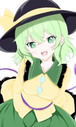  13nonaigdaz 1girl black_hat bow breasts buttons collared_shirt commentary_request diamond_button frilled_shirt_collar frilled_sleeves frills green_eyes green_hair green_skirt hair_between_eyes hat hat_bow highres komeiji_koishi long_sleeves looking_at_viewer medium_breasts medium_hair open_mouth shirt simple_background skirt smile solo touhou white_background wide_sleeves yellow_bow yellow_shirt 