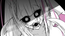  1girl akukan arthropod_girl arthropod_limbs black_background black_eyes blush english_text fangs hug indie_virtual_youtuber long_hair looking_at_viewer multicolored_hair open_mouth pink_streaks portrait saliva simple_background streaked_hair tagme white_hair 