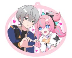  1boy 1girl aqua_hair aqua_streaks aria_(human)_(zenless_zone_zero) aria_(zenless_zone_zero) black_shirt blue_eyes blue_jacket blush center_frills closed_mouth commentary_request dress fingerless_gloves frills fujitaka_na gloves green_eyes grey_hair heart heart_hands heart_hands_duo highres jacket multicolored_hair open_mouth pink_gloves pink_hair quad_tails shirt short_hair smile streaked_hair white_background white_dress wise_(zenless_zone_zero) zenless_zone_zero 
