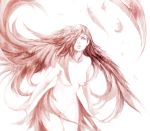  breasts feather_hair feathers hair_over_one_eye highres ikeda_masateru lips monochrome nude original solo 