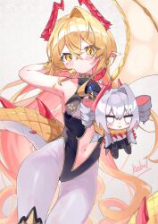  1girl argente_(shadowverse) arm_behind_head artist_name bare_shoulders blonde_hair blush bodysuit breasts character_doll closed_mouth clothing_cutout commentary_request crossed_bangs doll dragon_girl dragon_horns dragon_tail dragon_wings earrings feather_earrings feathers highres holding holding_doll horns jewelry kebol long_hair lumiore_(shadowverse) multiple_horns navel navel_cutout pointy_ears red_feathers red_horns shadowverse shadowverse:_worlds_beyond simple_background single_hair_intake single_wing small_breasts solo tail very_long_hair wings yellow_eyes 