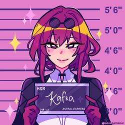  1girl artist_name barbie_mugshot_(meme) black_jacket blush card character_name collared_shirt double-parted_bangs eyewear_on_head gloves height_mark highres holding holding_card holding_sign honkai:_star_rail honkai_(series) jacket jacket_on_shoulders kafka_(honkai:_star_rail) meme mugshot nameplate nose_blush opaque_sunglasses open_clothes open_jacket outline pale_skin pink_background purple_gloves purple_hair raised_eyebrow savagemeow shirt short_hair_with_long_locks sign smile solo sparkle_background straight-on sunglasses tsurime undershirt upper_body violet_eyes white_outline white_shirt 