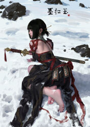 1girl absurdres back_cutout barefoot black_hair blunt_bangs blunt_ends bridal_gauntlets clothing_cutout commentary earrings hair_ornament hair_stick hand_on_ground highres holding holding_sword holding_weapon jewelry lips nose original rock sang_delan short_hair sidelocks sitting snow sword tassel weapon yokozuwari 