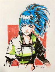  1girl artist_name blue_eyes blue_hair closed_mouth collared_jacket green_jacket highres jacket karen_wada leona_heidern marker_(medium) military military_uniform ponytail short_sleeves signature snk solo the_king_of_fighters the_king_of_fighters_xv traditional_media 