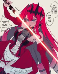  1girl baobhan_sith_(fate) baobhan_sith_(first_ascension)_(fate) breasts detached_sleeves dress drill_hair energy_sword english_commentary english_text fate/grand_order fate_(series) grey_eyes highres jeffraeson large_breasts lightsaber long_hair looking_at_viewer open_mouth pointy_ears red_dress red_hair red_lightsaber red_thighhighs speech_bubble sword thigh-highs weapon 