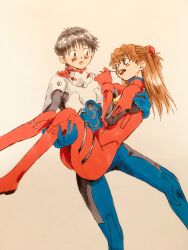  1boy 1girl absurdres blue_eyes blush bodysuit brown_eyes candy carrying carrying_person commentary_request food hairpods hand_on_another's_neck hatching_(texture) highres holding holding_candy holding_food holding_lollipop ikari_shinji interface_headset_(evangelion) linear_hatching lollipop long_hair looking_at_another mecha_pilot_suit multicolored_bodysuit neon_genesis_evangelion open_mouth orange_bodysuit plugsuit_(evangelion) princess_carry red_bodysuit red_hair short_hair simple_background souryuu_asuka_langley tongue tongue_out traditional_media white_background white_bodysuit wide-eyed yuutaku 