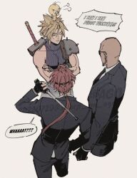  2026 3boys animal_on_head armor bald baton_(weapon) beard bird bird_on_head black_gloves black_jacket black_necktie black_pants black_suit blonde_hair blue_shirt buster_sword closed_eyes cloud_strife cropped_legs crossed_arms earrings english_text facial_hair final_fantasy final_fantasy_vii fingerless_gloves furrowed_brow gloves goggles hair_between_eyes hair_tie holding holding_baton_(weapon) holding_weapon jacket jewelry long_hair looking_at_another looney_tunes low_ponytail male_focus multiple_boys necktie on_head pants pauldrons ponytail red_hair reno_(ff7) ribbed_shirt rude_(ff7) sharp_na_ago shirt short_hair shoulder_armor single_bare_shoulder single_pauldron sleeveless sleeveless_turtleneck spiky_hair suit suit_jacket sunglasses suspenders sweatdrop sword sword_on_back turtleneck tweety_bird twintails weapon weapon_on_back white_shirt 